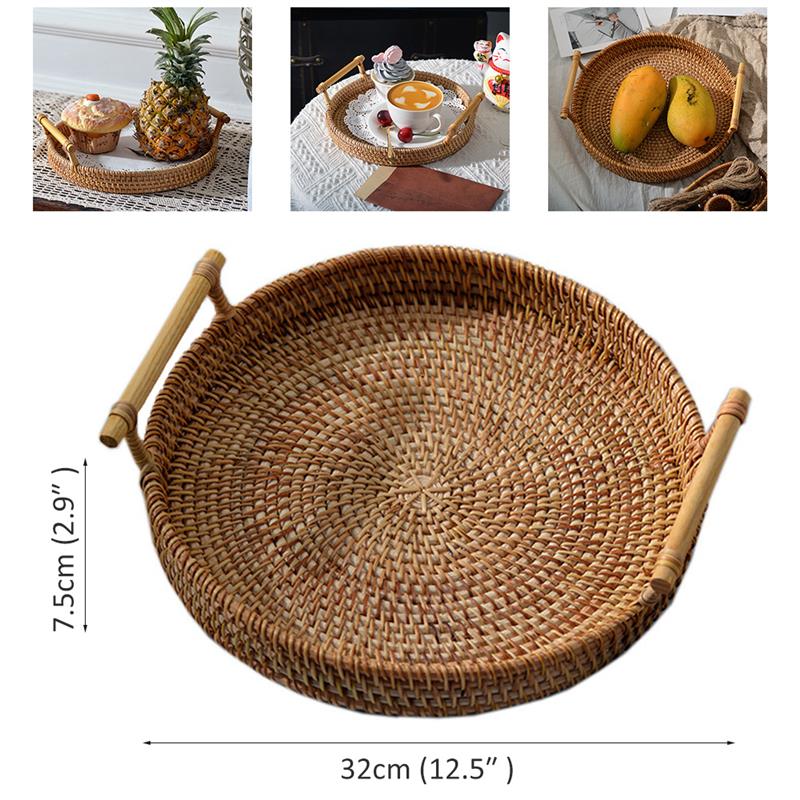 Rattan Handwoven Round High Wall Severing Tray Food Storage Platters Plate Over Handles For Breakfast Drink Snack For Coffee Tea - ESSENTIALS365