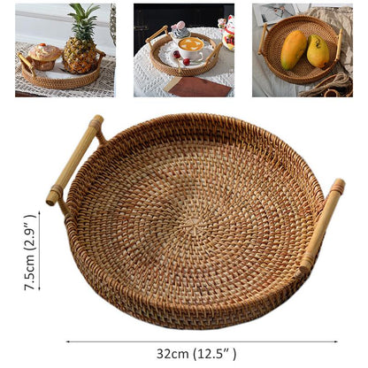 Rattan Handwoven Round High Wall Severing Tray Food Storage Platters Plate Over Handles For Breakfast Drink Snack For Coffee Tea - ESSENTIALS365