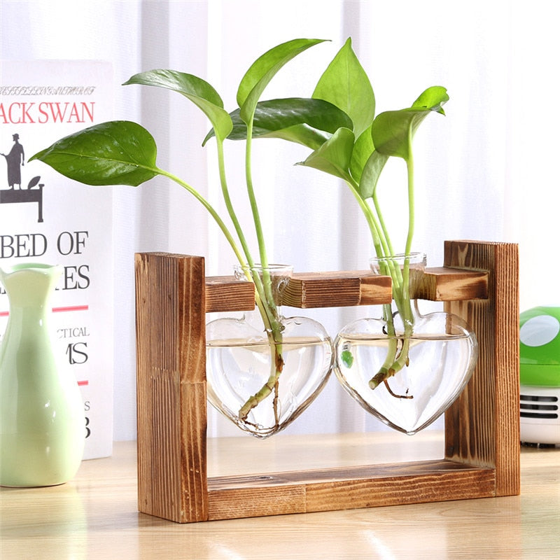 Glass and Wood Vase Planter Table Desktop - ESSENTIALS365