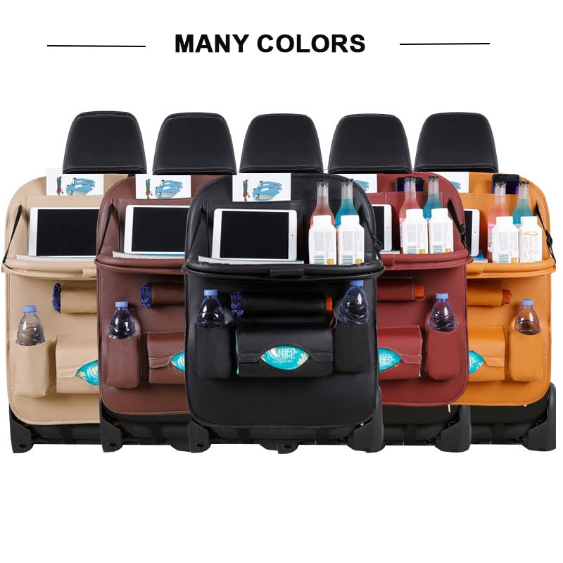 Car Seat Back Organizer Pu Leather Pad Bag Car Storage Organizer Foldable Table Tray Travel Storage Bag Auto Accessories - ESSENTIALS365