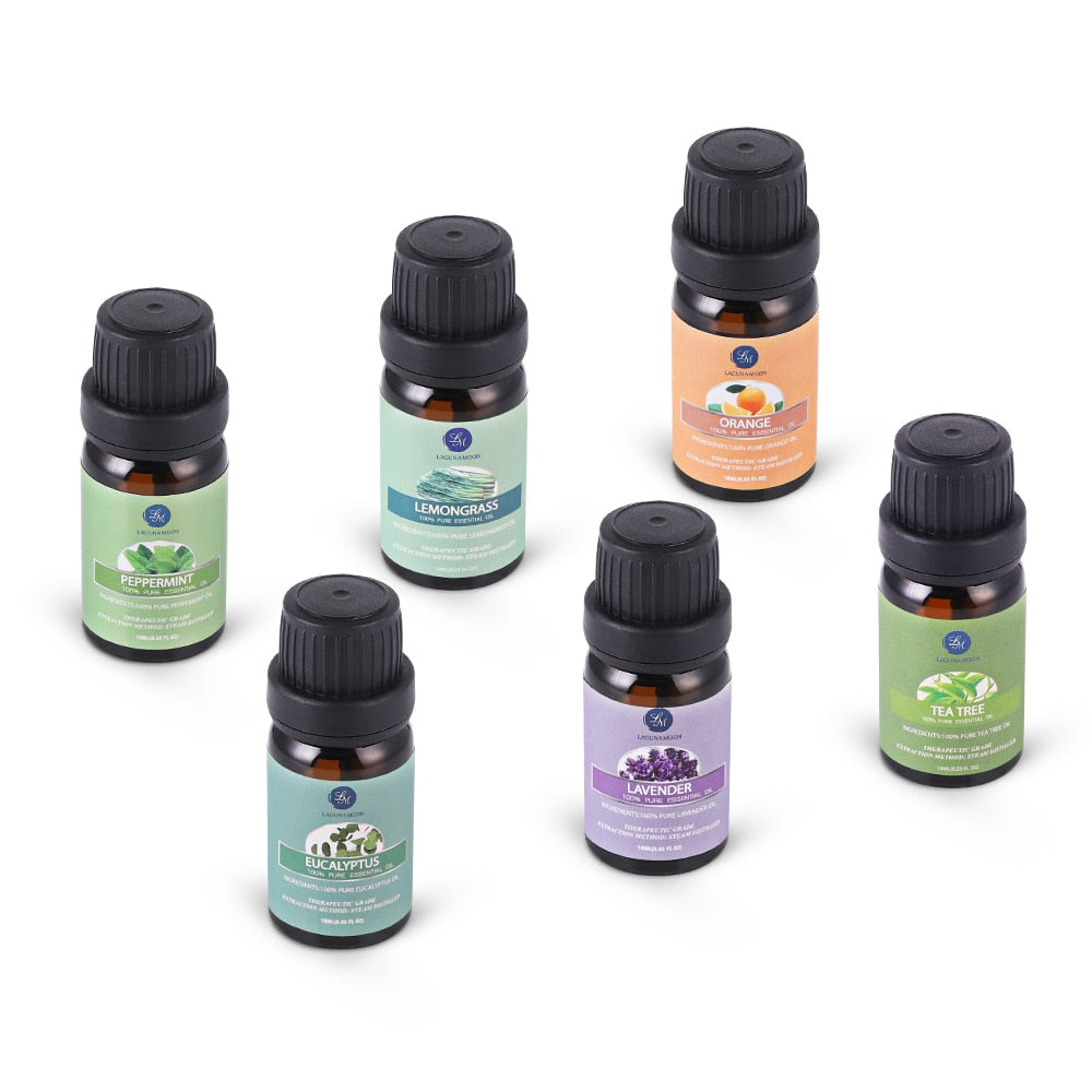 Lagunamoon Pure Essential Oils 10ML 6pcs Gift Set Humidifier Aromatherapy Eucalyptus Papermint Lemongrass Orange Tea Tree Oil - ESSENTIALS365