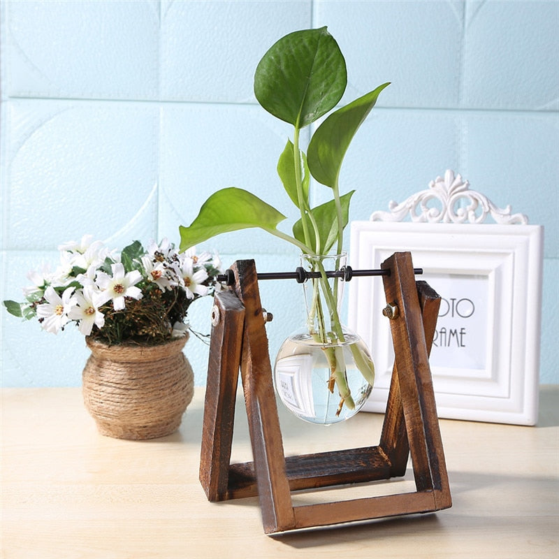 Glass and Wood Vase Planter Table Desktop - ESSENTIALS365