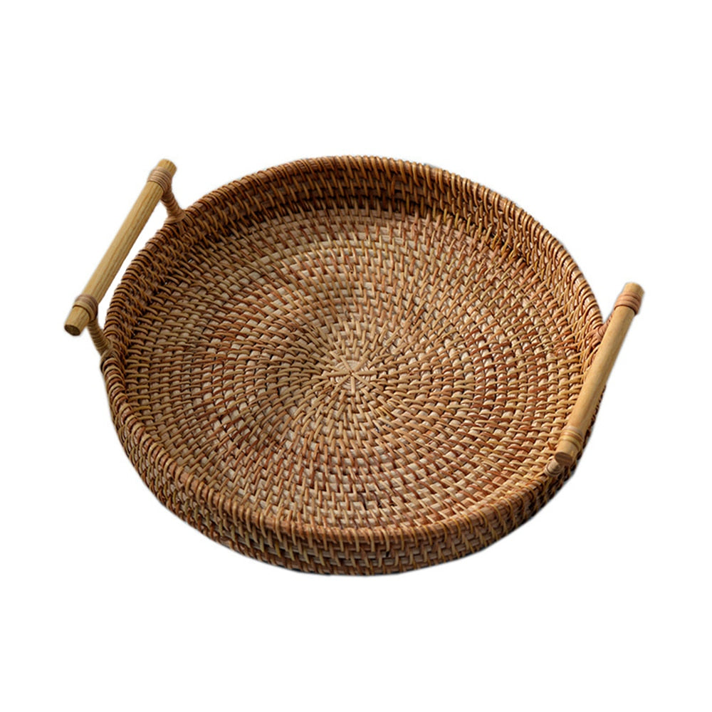 Rattan Handwoven Round High Wall Severing Tray Food Storage Platters Plate Over Handles For Breakfast Drink Snack For Coffee Tea - ESSENTIALS365