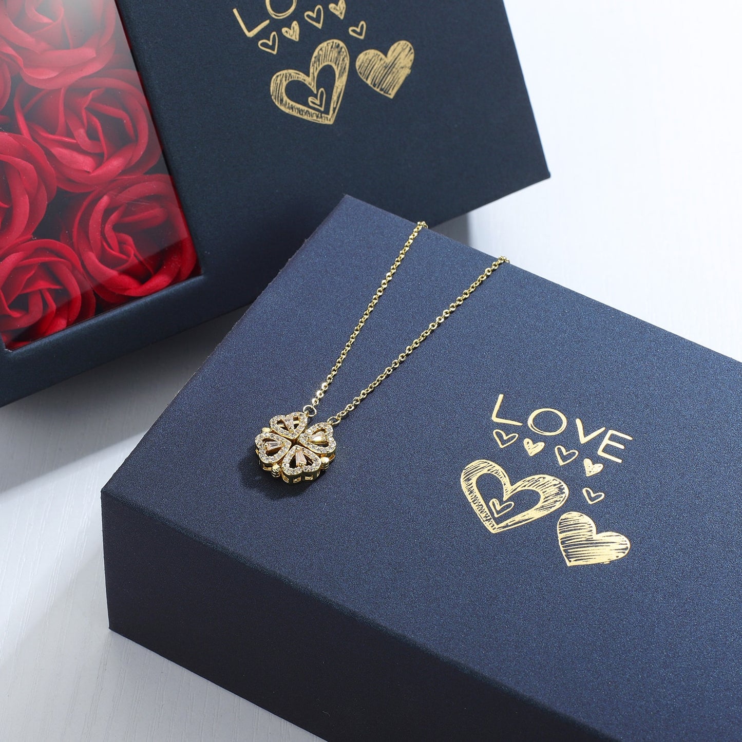 Rose Gift Box Four -leaf Grass Necklace Heart Necklace Cute Four Leaf Clover Necklace Dainty Gold Necklaces Gifts for Girlfriend - ESSENTIALS365