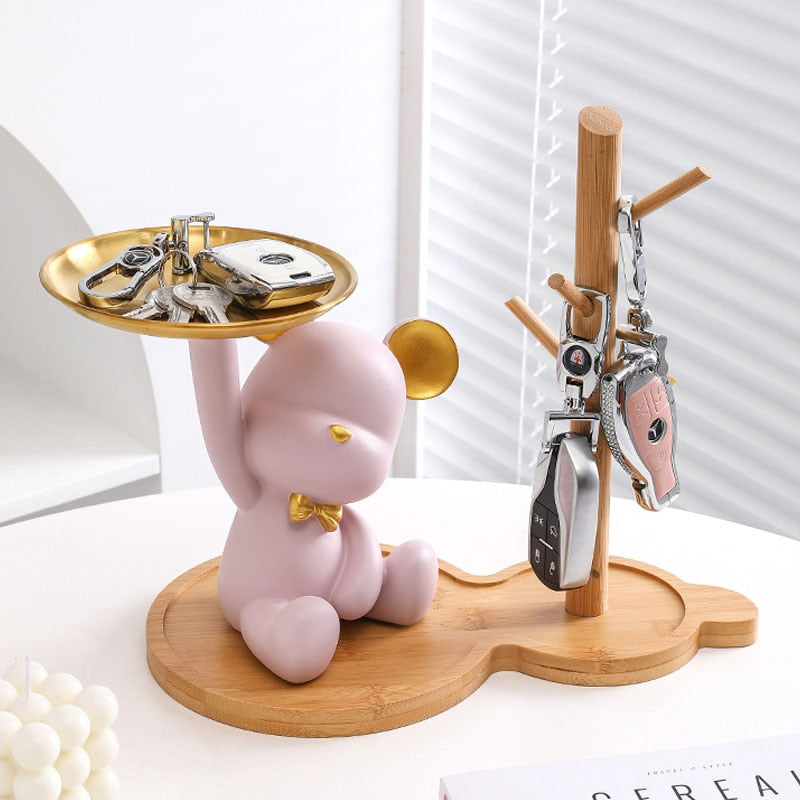 Nordic Resin Bear Tray Figurines Home Living Room Bedroom Key Storage Decor Ornament Candy Container Animal Statues - ESSENTIALS365