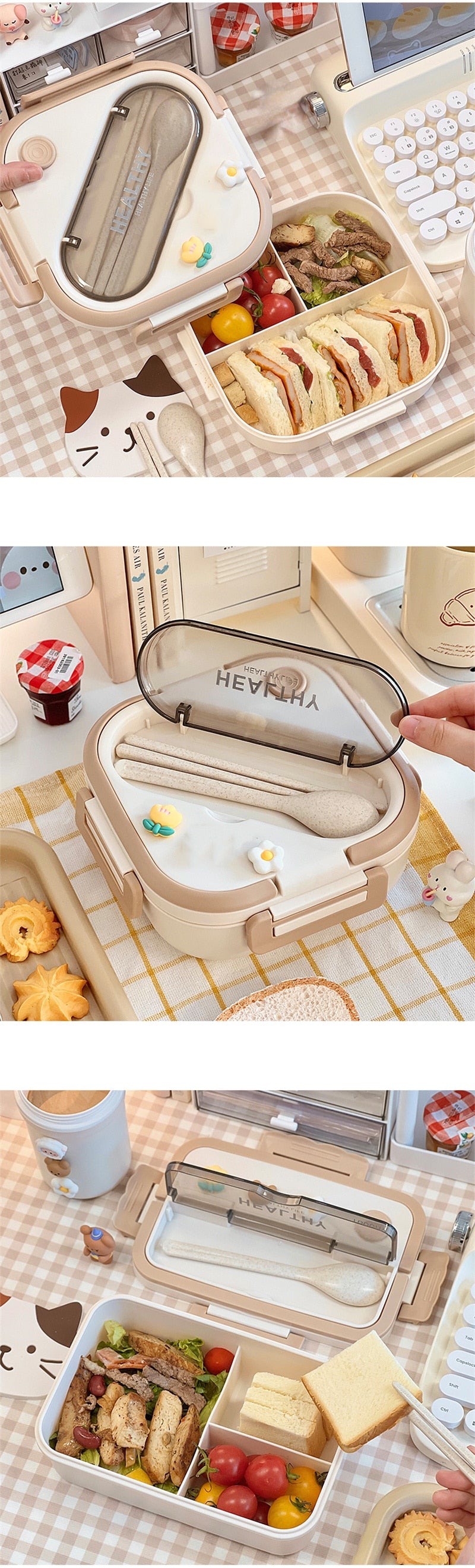 Compartment Lunch Box Plastic Portable Lunchbox Students Office Bento Box Microwave Food Containers with Chopsticks and Spoon - ESSENTIALS365