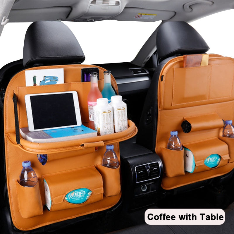 Car Seat Back Organizer Pu Leather Pad Bag Car Storage Organizer Foldable Table Tray Travel Storage Bag Auto Accessories - ESSENTIALS365