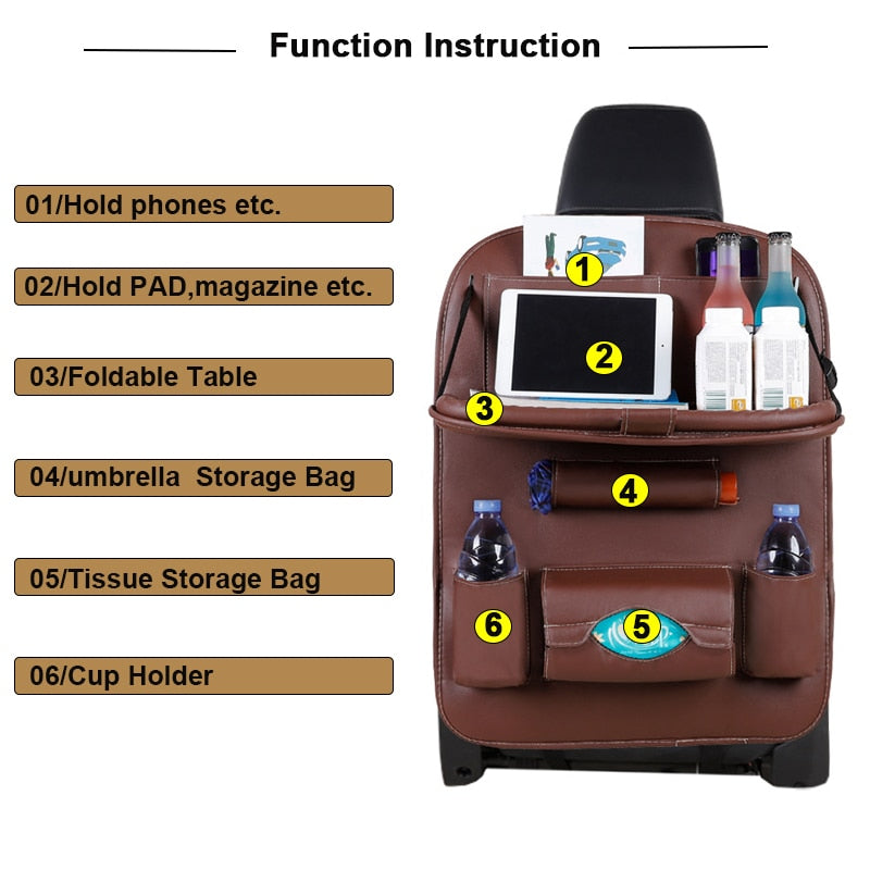 Car Seat Back Organizer Pu Leather Pad Bag Car Storage Organizer Foldable Table Tray Travel Storage Bag Auto Accessories - ESSENTIALS365