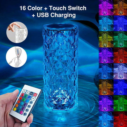 Crystal LED RGB Lamp Remote Touch Control USB Diamond Projector Table Home - ESSENTIALS365