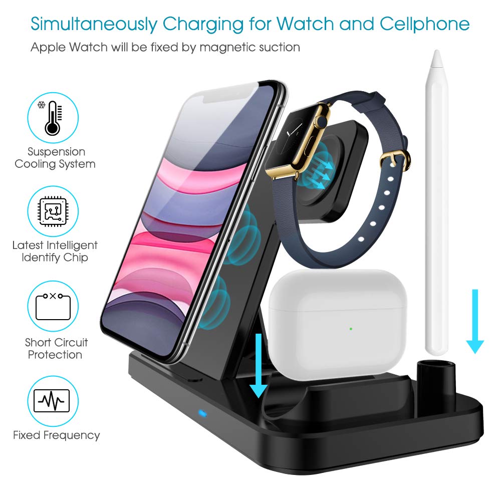 DCAE Wireless Charger QI 3 in 1 Qi 10W Fast Charging Dock Station for Apple Watch 5 4 3 2 Airpods Pro iPhone 11 XS XR X 8 Stand - ESSENTIALS365